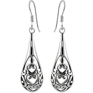 Zilveren oorbellen | Hangers | Zilveren oorhangers, sierlijk bewerkte druppelvorm met hartjes