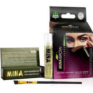 MINA ibrow Professional Henna Tint Kit met voedende olie en borstelset, geen ammonium, veganistisch en dierproefvrij, tot 30 toepassingen (medium bruin)