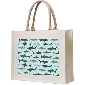 YFSGDLBN Shark bedrukte canvas draagtas draagtas wasbare draagtas schoudertas voor dames, Beige, Eén maat