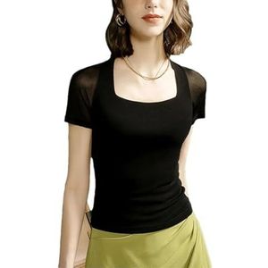Tdvcpmkk Dames zomer mesh korte mouw vierkante hals stretch T-shirt tops, Zwart, XL