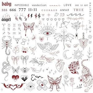 BETESSIN 3 vellen tijdelijke tatoeages voor dames, flash tattoos, zwart-rood, zelfklevende tatoeages voor volwassenen, waterdichte tatoeages om op te plakken, tijdelijke stickers voor festivals