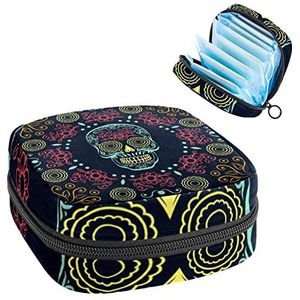Dag van de Dode Suiker Schedel Bloemen, Periode Pouch Draagbaar,Tampon Houder voor Portemonnee Vrouwelijke Product Organizer, Meerkleurig, 4.7x6.6x6.6 in/12x17x17 cm