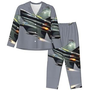 JEJEA Jet fighter print comfortabele 2-delige nachtkleding lounge set pyjama set lange mouwen nachtkleding nachtkleding, Zwart, S