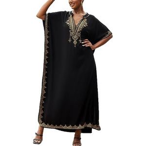 L-Peach kaftan voor dames met bloemenprint, lange jurk, strandjurk, pareo, cover-ups, eenheidsmaat, Zwart borduurwerk, Eén maat