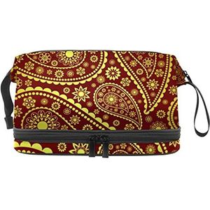 Dubbellaags Cosmetische Tas Rood Goud Paisley Draagbare Make-up Tas Reizen Organizer Pouch Voor Vrouwen Meisjes Toiletries Tassen, Meerkleurig, 27x15x14 cm/10.6x5.9x5.5 in, Make-up zakje