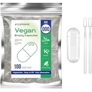 ATLEMISME Lege plantaardige capsules Maat 000 - Pak van 100 - Gelatinevrij, ideaal voor voedingssupplementen en poeders - Gemakkelijk vullend en snel oplossend