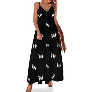 Dancing Penguins Zomerjurk voor dames, maxi-jurk, V-hals, mouwloos, spaghettibandjes, lange jurk