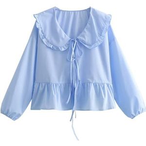 CJKKCDYYDS Vintage Vrouwen Zoete Ruches Shirts Mode Dames Kraag Blouses Voor Vrouwen Chic Boog Knopen Tops Kleding Chic, Blauw, S