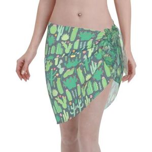 Leuke cactus naadloze illustratie print elegante strandwrap, bikini cover-up, badmode jurk, voor vrouwen, perfect voor zwembad en resort zwart, Zwart, one size