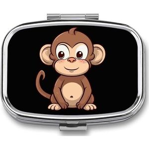 Pillendoosje metaal met spiegel, cartoon bruine aap bedrukte draagbare pillencontainer, reispillenorganizer voor het opbergen van verschillende medicijnen