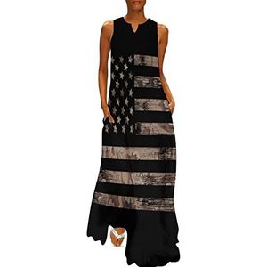 Amerikaanse vlag woestijn camouflage dames enkellengte jurk slim fit mouwloze maxi-jurken casual zonnejurk XL