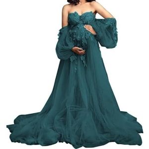 SAYNO Tule, zwangerschapsjurk voor dames, met bustier-applicaties, zwangerschapsjurk, babyshower, grote maten, Turkoois, 54 grote maten