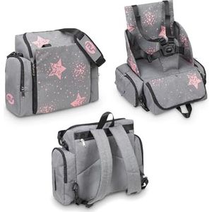 Innovaciones MS 1333 Booster Bag Stars draagbare reisstoel, zacht en gevoerd, draagbaar, 2-in-1 rugzak, meisjes, roze