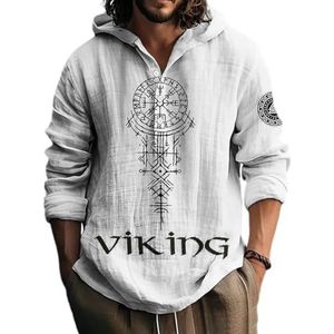 JHBTFQ Viking Heren Hoodie 3D-print Bamboe-linnen Stof Met Capuchon Kraag Knopen Shirt Lange Mouwen Noords Cadeau,Norse compass,3XL