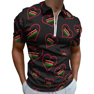 I Love Kenia Rood Hart Half Zip-up Polo Shirts Voor Mannen Slim Fit Korte Mouw T-shirt Sneldrogende Golf Tops Tees 2XS