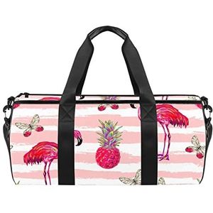 Roze Fruit Flamingo Streep Reizen Duffle Bag Sport Bagage met Rugzak Tote Gym Tas voor Mannen en Vrouwen, Roze Fruit Flamingo Streep, 45 x 23 x 23 cm / 17.7 x 9 x 9 inch