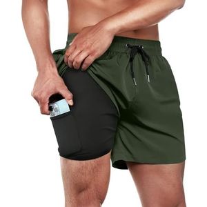 ineepor zwembroek heren compressie zwembroek met binnenbroek boardshort 2 in 1 ritszak korte zwembroek, legergroen, S