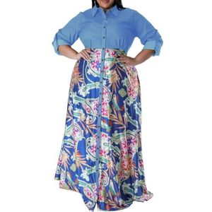 Dames Plus Size Bloemenprint Patchwork Shirt Jurk Revers Lange Mouw Knoopsluiting Losse Flowy Maxi Vakantiejurk (Color : Blue, Size : XL)
