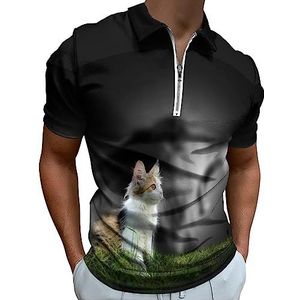 Kat met boze leeuw poloshirt voor heren, casual T-shirts met ritssluiting en kraag, golftops, slim fit