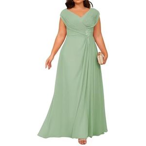 Dames chiffon moeder van de bruid jurk voor bruiloft ruches galajurken cocktailjurk plus size, Salie, 32