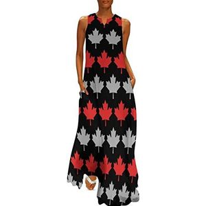 Grijs en rood Canada esdoorn dames enkellengte jurk slanke pasvorm mouwloze maxi-jurken casual zonnejurk 4XL