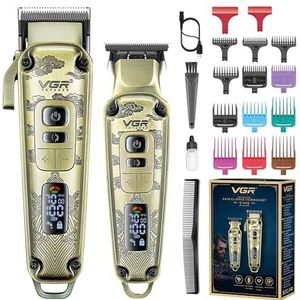VGR Tondeuse voor mannen Professionele tondeuse kappersset, snoer/draadloze baardtrimmer haarverzorgingsset, T-Blade Zero Gapped Oplaadbare LED-display haarknipset