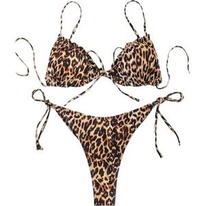 Lace-up Bikini Sets Vrouwen Luipaard Print Halter Bikini Set Tweedelig Push Up Badpak Driehoek Bikini's String Bikini Bottoms Badmode for Strand(Brown,XL)