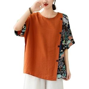 Dames Plus Size Retro Chinese Top In Etnische Stijl, Los Overhemd Met Ronde Hals En Halve Mouwen, Bloemenprint Patchworkblouse (Color : Orange, Size : L)