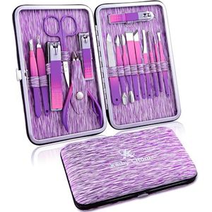 Manicure Set Professionele Nagelknipper Kit -16 Stks Pedicure Care Tools Roestvrij Staal Vrouwen Grooming Kit voor Reizen of Thuis (Paars)