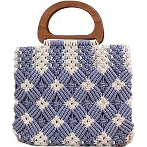 Stro Strandtas Katoenen Touw Geweven Handtas Met Houten Handvat Dames Kleine Handtas Vakantie Boodschappentassen Dagelijks Handgeweven Draagtas (Color : Blue, Size : 30 * 26cm)