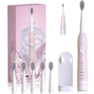Elektrische tandenborstel voor mannen en vrouwen, oplaadbare intelligente tandenborstel voor volwassenen, autoborstel met 30 seconden herinnering, 2 minuten timer, 6 modi, 6 borstelkoppen, 40000 impulsen
