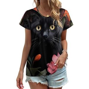 Zwarte Kat En Bloemen Vrouwen V-hals T-shirts Leuke Grafische Korte Mouw Casual Tee Tops 3XL