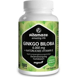 Ginkgo Biloba Capsules 6000 mg Hoog Gedoseerd & Veganistisch, Gingko Biloba Blad Extract 50:1 + Natuurlijke Vitamine E, 100 Capsules, Supplement zonder Additieven, Made in Germany