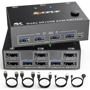 DP KVM-switch twee monitoren, 2 computers 2 monitoren, DisplayPort USB 3.0 KVM-switch, ondersteunt 4K @ 60 Hz voor 2 computers die toetsenbord, muis en monitor delen