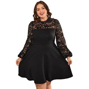 voor vrouwen jurk Plus contrasterende kanten jurk met lantaarnmouwen (Color : Noir, Size : XL)