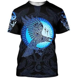 Viking Odin Raven Sneldrogende Shorts, Noorse Mythologie 3D Digitale Tattoo print Zomer Cool Mesh Sport T-shirt, Celtic Pagan Street Style Strandvest(T shirt,5XL)