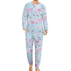 Roze flamingo patroon comfortabele heren pyjama set ronde hals lange mouwen loungewear met zakken XL