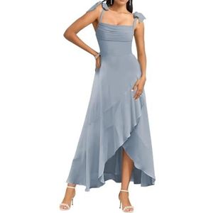 Spaghetti Bandjes Bruidsmeisjes Jurken voor Bruiloft Fluwelen Ruches Formele Avond Party Maxi Jurk High Low AH143, Dusty Blauw, 32