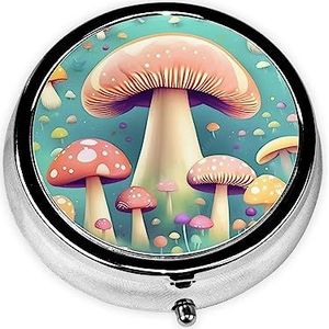 Pretty Little Paddestoelen & * pillendoos, kleine pillendoos voor portemonnee en zak, metalen ronde medicijnorganisator, reizen, 3 compartimenten pillendoos.