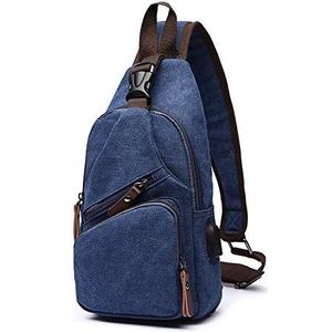 FANDARE Modieuze borsttas voor heren, canvas tas, schoudertas met USB, schoudertas, slingtas voor fietsen, avontuur, reizen, Donkerblauw, L, Uniek