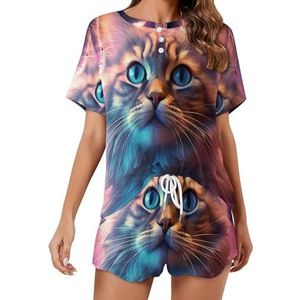 Space Cat Fashion 2 stuks dames pyjama sets korte mouw nachtkleding zachte loungewear stijl-6