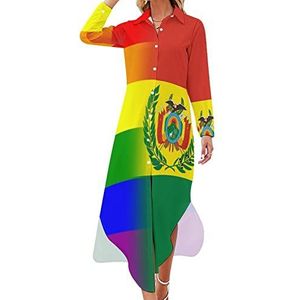 LGBT Pride Bolivia vlag dames maxi-jurk lange mouwen knopen overhemd jurk casual feest lange jurken M