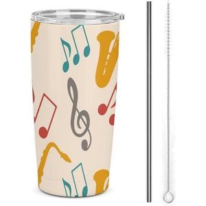 Muzieknoten, Treble Clef, Saxofoon Travel Koffiemok Roestvrij Staal Tumbler Met Deksel En Stro Geïsoleerde Cup Voor Auto Thuis 17oz