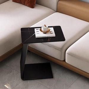 JESSICA Y C-tafel eindtafel, C-vormige tafel voor bed, rotsplaat marmeren textuur moderne eenvoud L-vormige bijzettafel met stalen frame voor woonkamer, slaapkamer (kleur: zwart goud, maat: H65 cm)