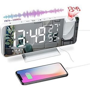 VORRINC Projectiewekker, digitale wekkerradio met FM-radio, 7 inch led-spiegelscherm, dubbel alarm met USB-poort, 4 projectielampten, 180° weergave en 12/24 uur (B)