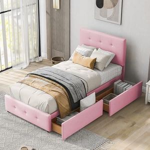 Aunvla Gestoffeerd bed, 90 x 200 cm, bed met lattenbodem, rugleuning en twee laden, huidvriendelijke fluwelen stof, beige, plat eenpersoonsbed, kinderbed, tienerbed, logeerbed (roze)