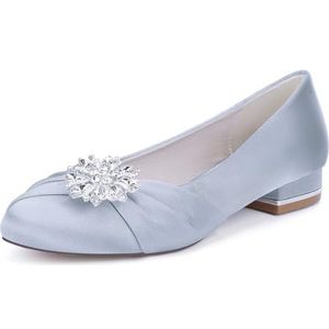 Vrouwen Ronde Neus Satijnen Trouwschoenen Voor Bruid Slip on Bruids Flats Strass Prom Avond Feestjurk Pumps,Zilver,36 EU