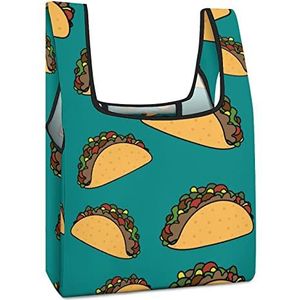 Blauw Patroon met Taco's Herbruikbare Boodschappentassen Opvouwbare Boodschappentassen Grote Vouwbare Tote Bag met Lange Handvatten