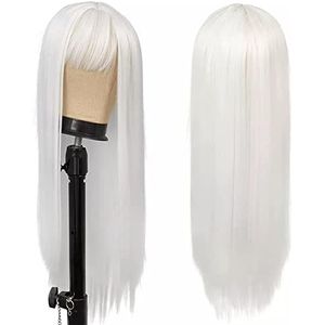 DieffematicJF Pruik White Ladies Long Straight Hair Bangs Cosplay Pure White Wig Heat Resistant Fiber Synthetic Wig