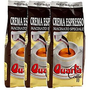 Quarta Caffè Crema Espresso Macinato Speciale Gemalen Gemalen Koffie 250 g. x 3 verpakkingen. Zoet en intens aroma. Fijne melange van koffie verwerkt in Salento, Apulië